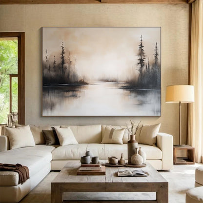 Misty Forest Lake Art for Rustic Cabin & Relaxing Bedroom SC052