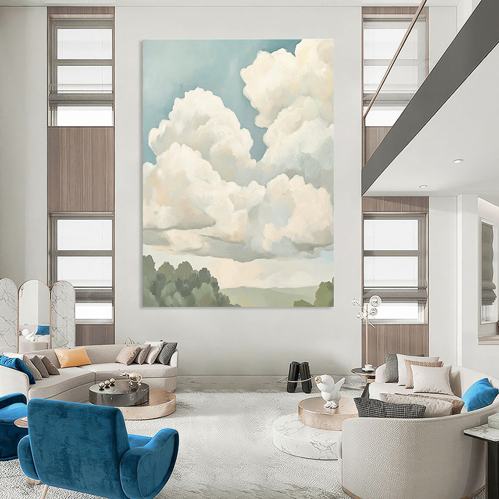 Puffy Clouds Sky Art for Wellness Retreat & Minimalist Home Office STSC1395