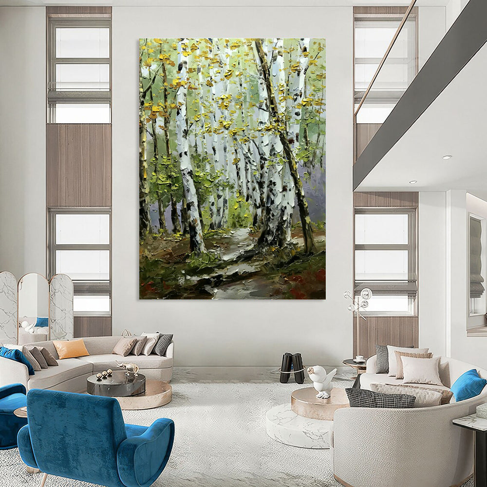 Birch Forest Path Oil Painting for Rustic Cottage Living Room & Nature Lover’s Retreat DLZ0850