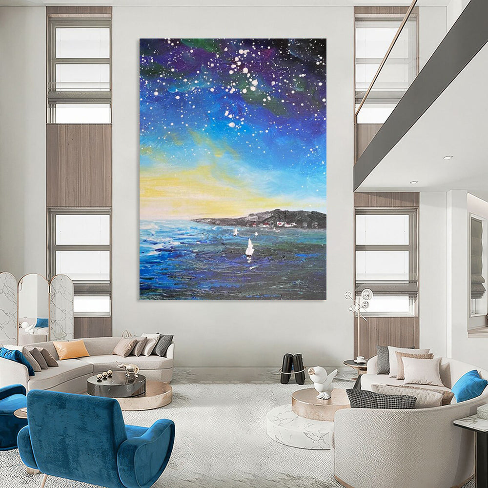 Starry Night Sea Oil Painting for Living Room & Cottage DLZ0347