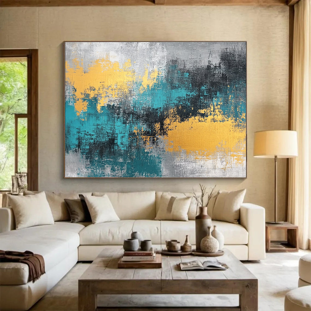 Gray - Teal - Gold Abstract Art for Modern Office Reception & Luxury Home Living Room SC260