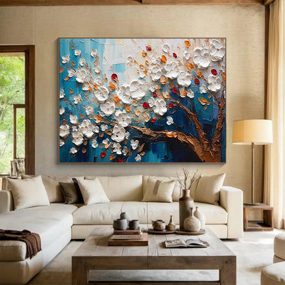 Blue - Background White Flower Tree Art for Coastal Café Outdoor Seating Walls DLZ3272