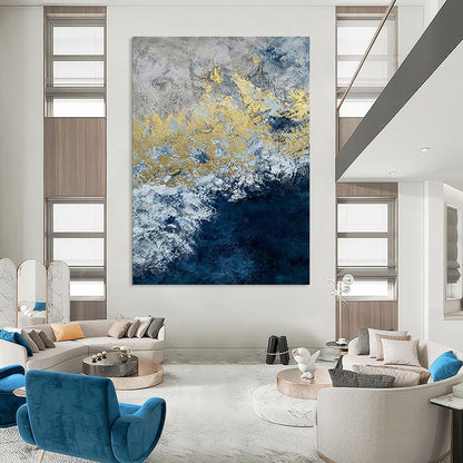 Gold and Blue Abstract Wave Art for Luxury Hotel Lobby & Art - Deco - style Lounge DLZ2249