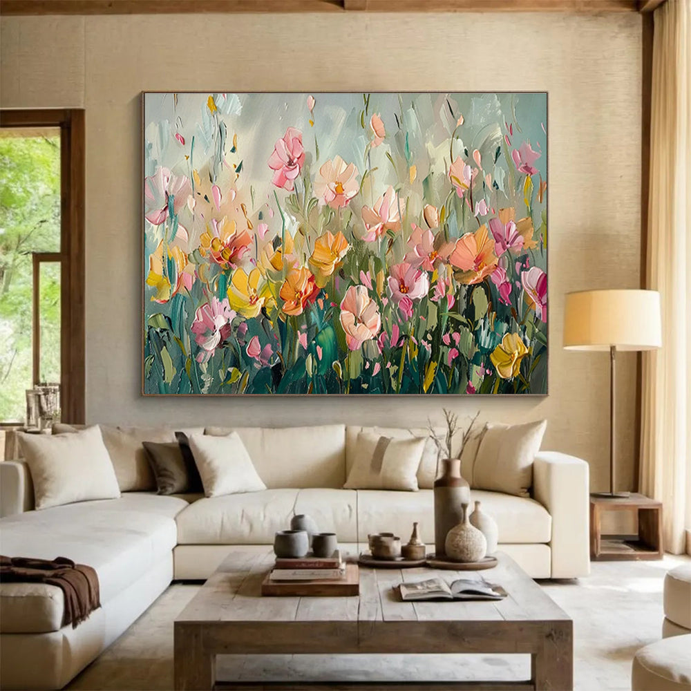 Soft - Toned Flower Field Oil Painting for Serene Bedroom Retreats DLZ3093