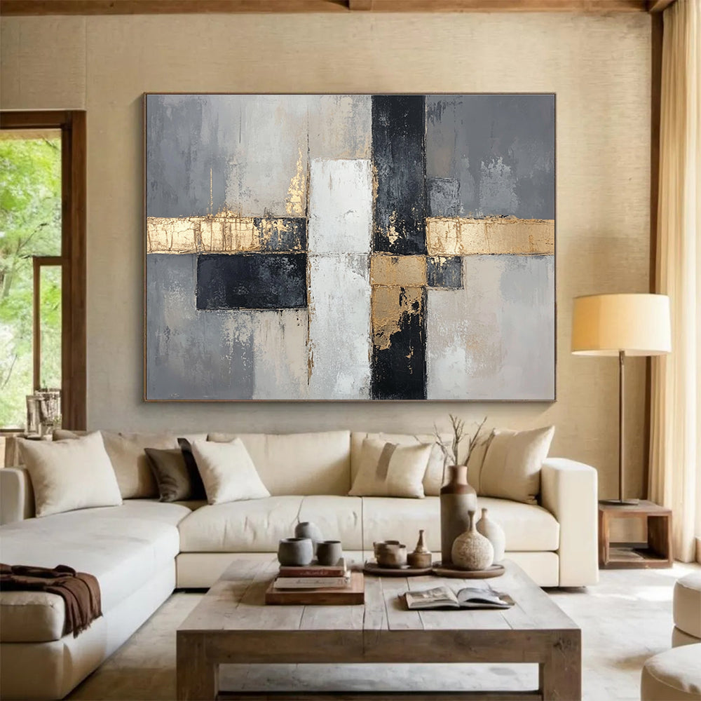 Gray - Gold Geometric Abstract Art for Luxury Condo Living Room & High - End Art Boutique SC247
