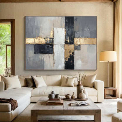 Gray - Gold Geometric Abstract Art for Luxury Condo Living Room & High - End Art Boutique SC247
