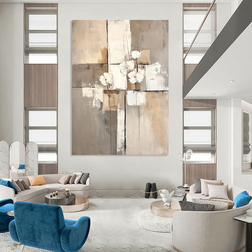 Abstract Flowers in Neutrals for Scandinavian - Style Bedroom & Sophisticated Home Library STSC431