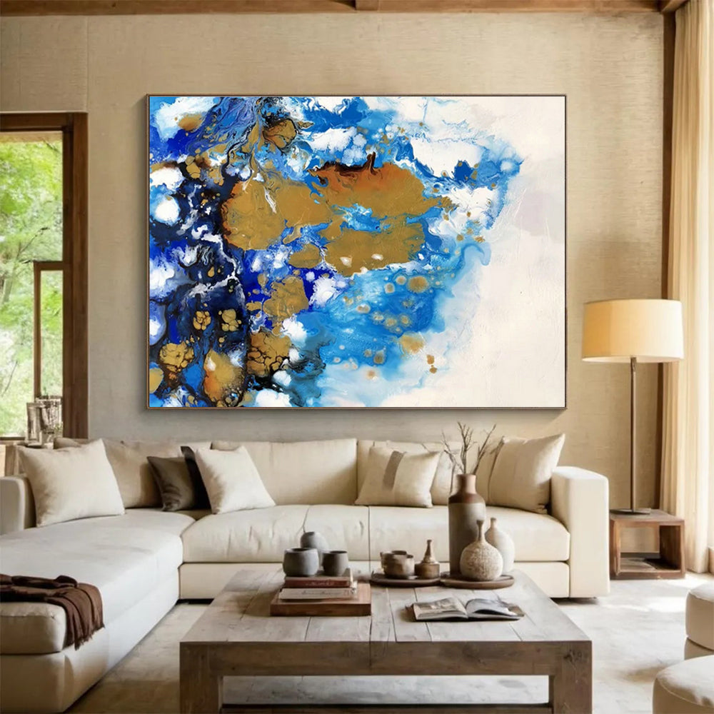 Blue - Gold Fluid Art for Luxury Hotel Suite Bedrooms DLZ2551