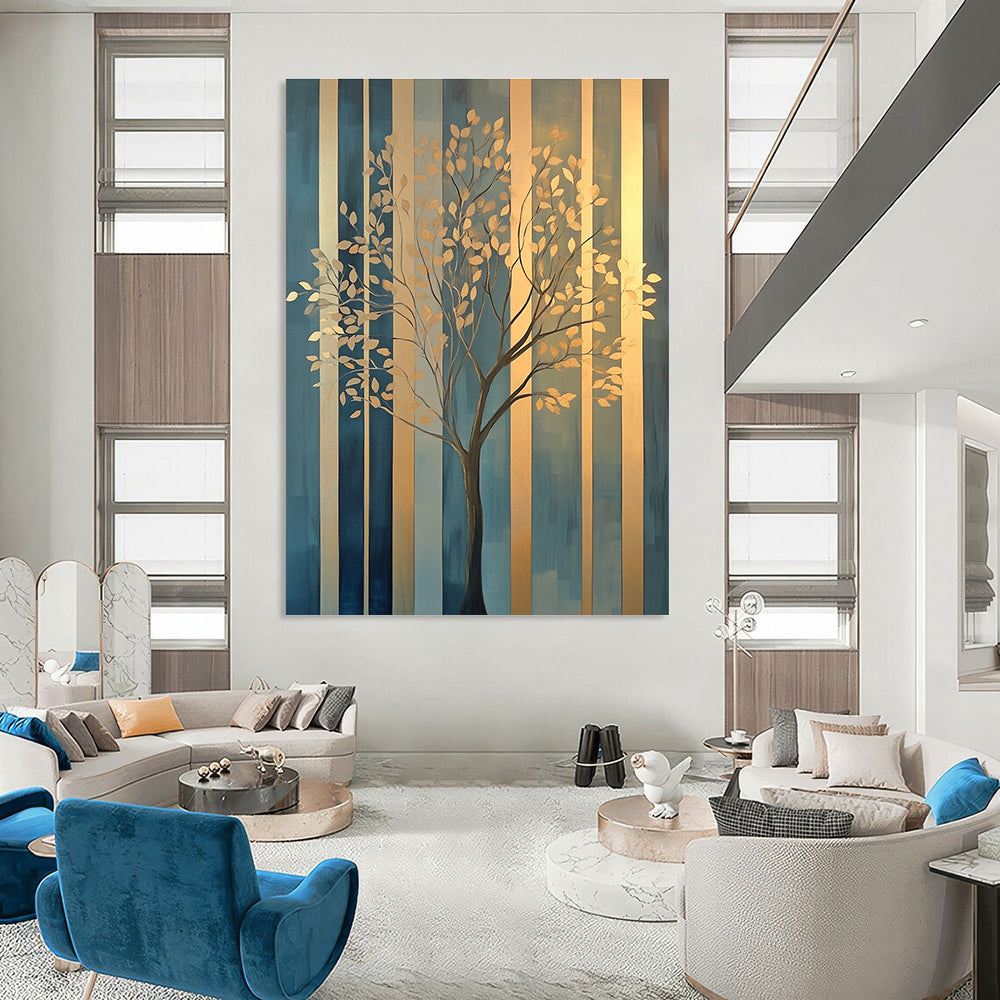 Golden Tree on Striped Background Art for Luxury Home Office & Elegant Dining Room STSC1117