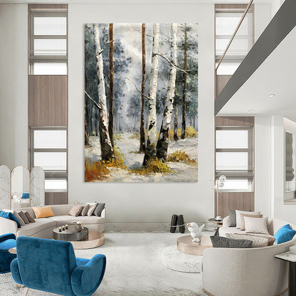Birch Forest in Snow Oil Painting for Nordic - Style Home & Ski Resort Lobby DLZ1283