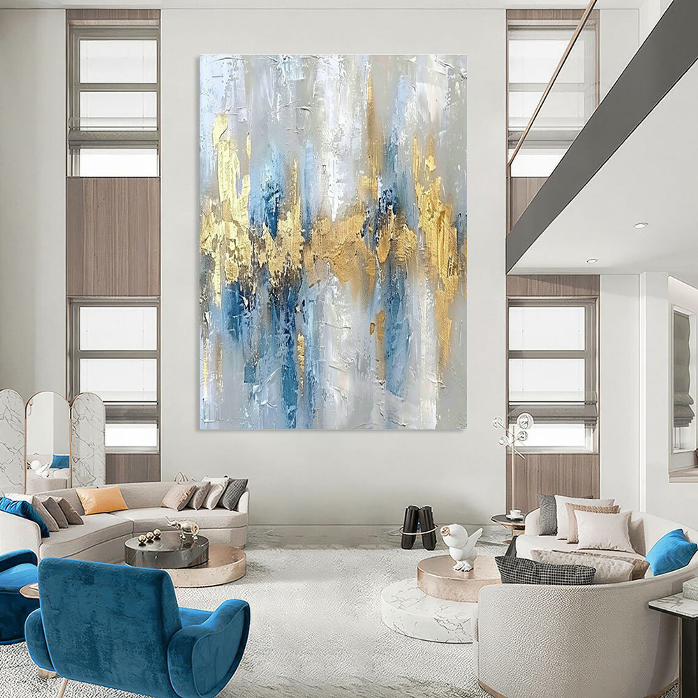 Gray - White - Blue - Gold Abstract Art for Mountain Chalet & Contemporary Hotel Suite DLZ1908