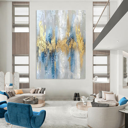 Gray - White - Blue - Gold Abstract Art for Mountain Chalet & Contemporary Hotel Suite DLZ1908