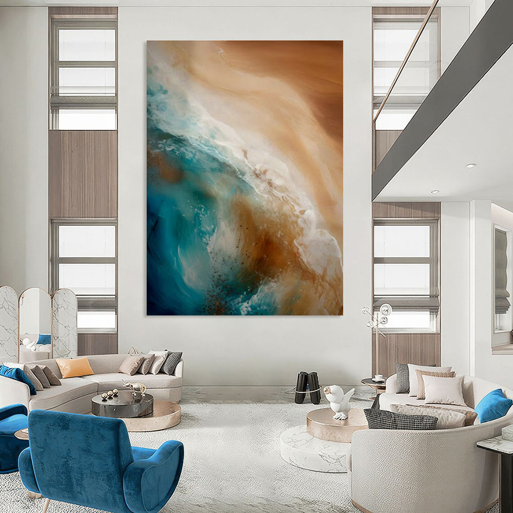 Blue - Brown Ocean Waves Abstract Art for Beachfront Villa & Coastal Café DLZ1645