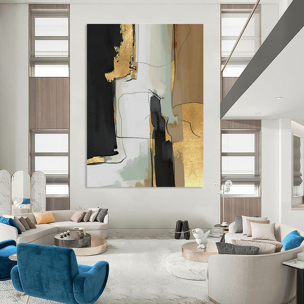 Black, Gold, and Neutral Abstract Art for Glamorous Dining Room & High - End Boutique DLZ2224
