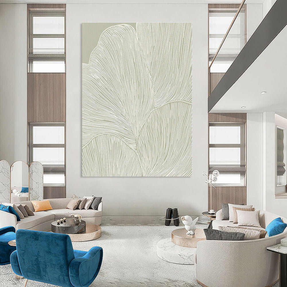 Line - Drawn Leaves on Green Minimalist Botanical Art for Scandinavian - Style Home & Calm Home Office STSC1483