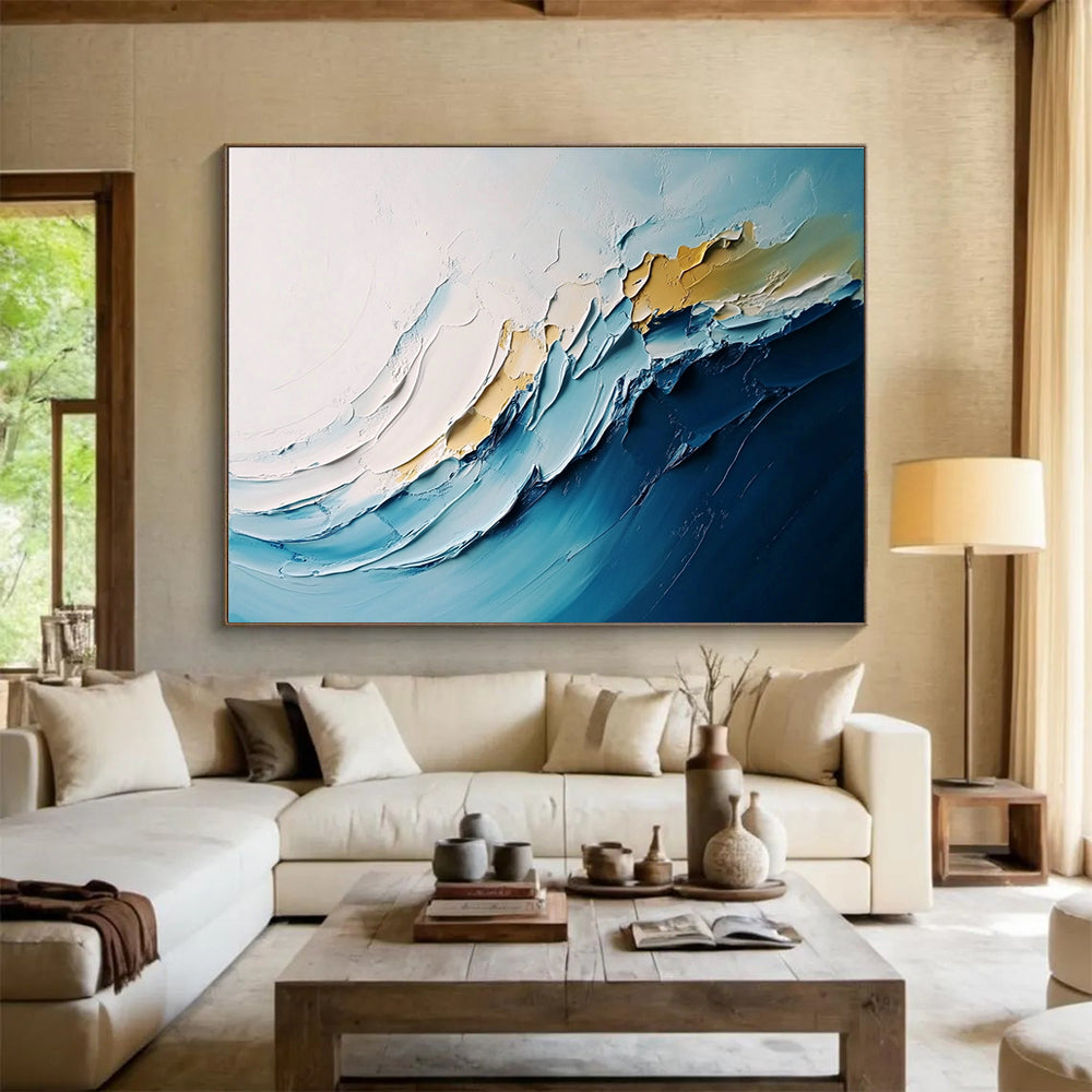 Textured Blue Waves Art for Coastal Spa & Beach House Living Room SC368