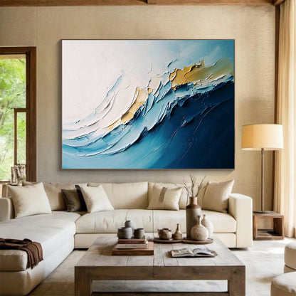Textured Blue Waves Art for Coastal Spa & Beach House Living Room SC368
