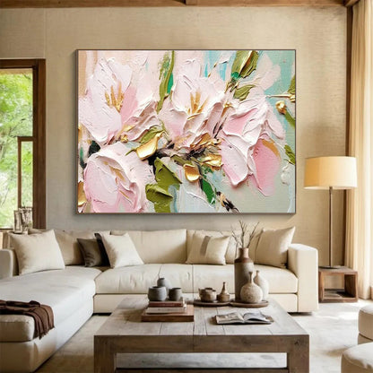 Pink and Gold Floral Oil Painting for Chic Dining Room Accents DLZ2637