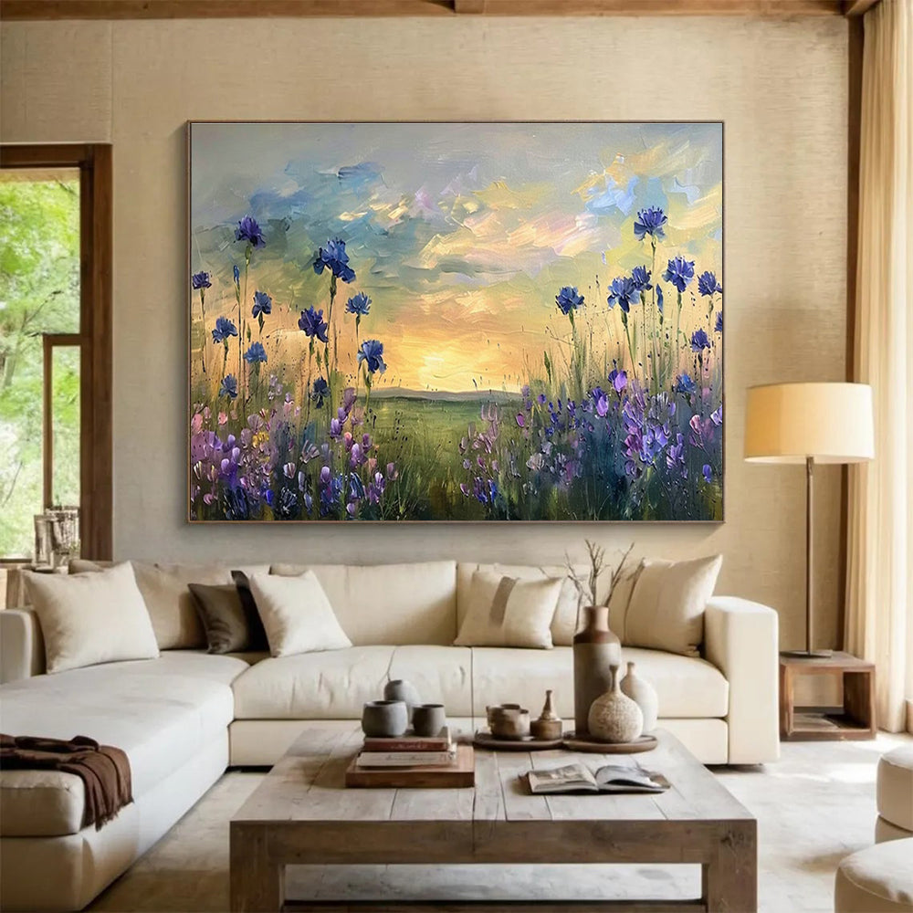 Blue - Purple Flower Field Oil Painting for Countryside Wedding Venue Backdrops DLZ3203