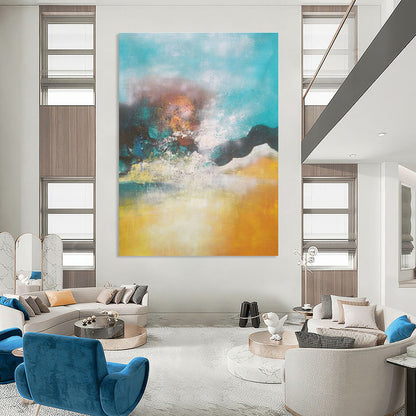 Blue - Yellow Hazy Abstract Art for Coastal Bedroom & Relaxing Spa DLZ0771