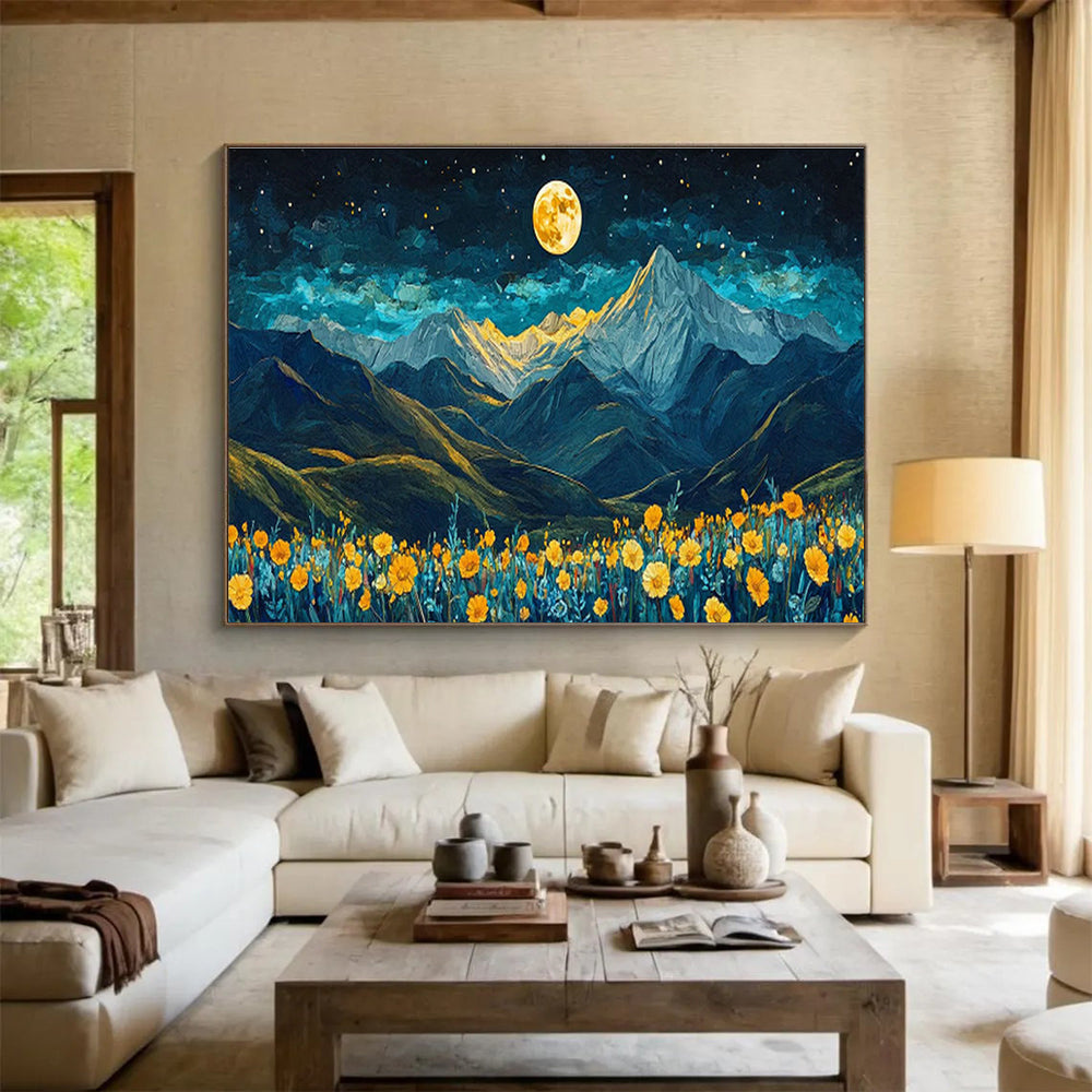 Moonlit Mountain Landscape with Flower Field Art for Inspirational Home Offices DLZ3078
