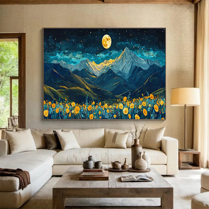 Moonlit Mountain Landscape with Flower Field Art for Inspirational Home Offices DLZ3078