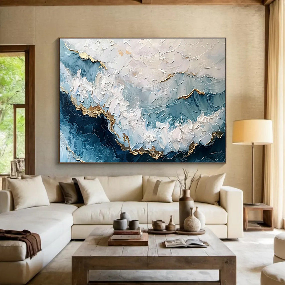 Blue - Gold Ocean Wave Oil Painting for Luxury Bathroom Retreats DLZ2540