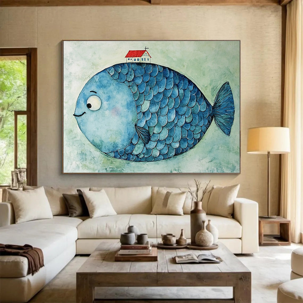 Fish with House Art for Nautical - Themed Children’s Room & Coastal Café SC478