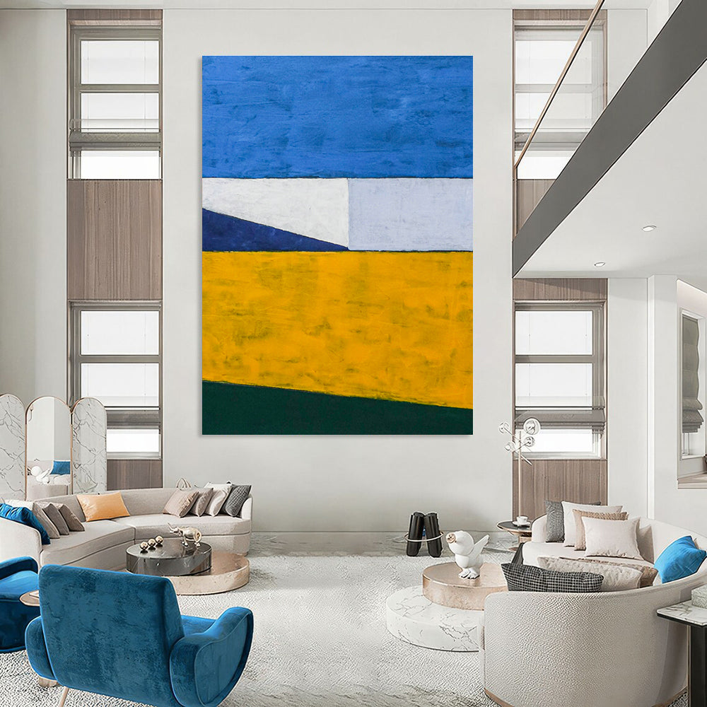 Blue - White - Yellow Geometric Abstract Art for Beach House & Home Sunroom DLZ1103