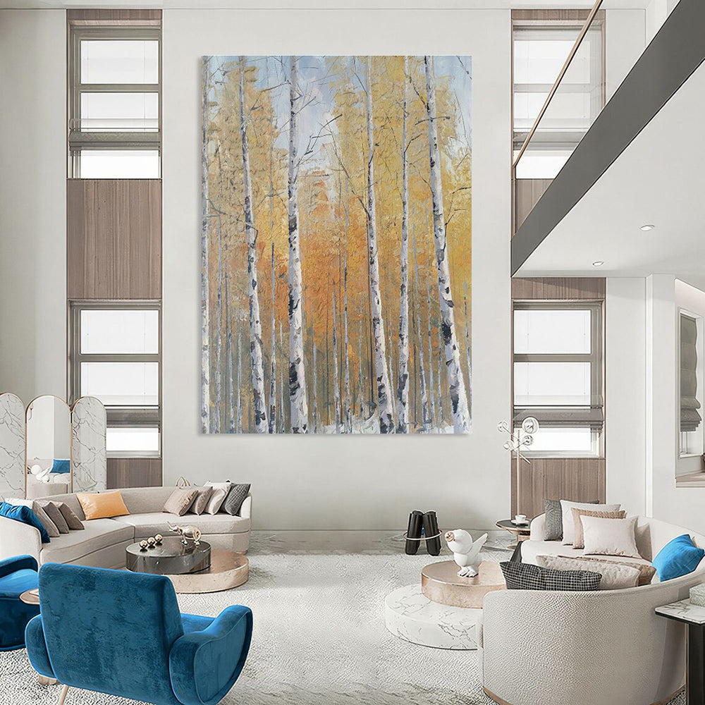 Golden Autumn Birch Forest Oil Painting for Country Villa & Fall Festival Venue DLZ1306