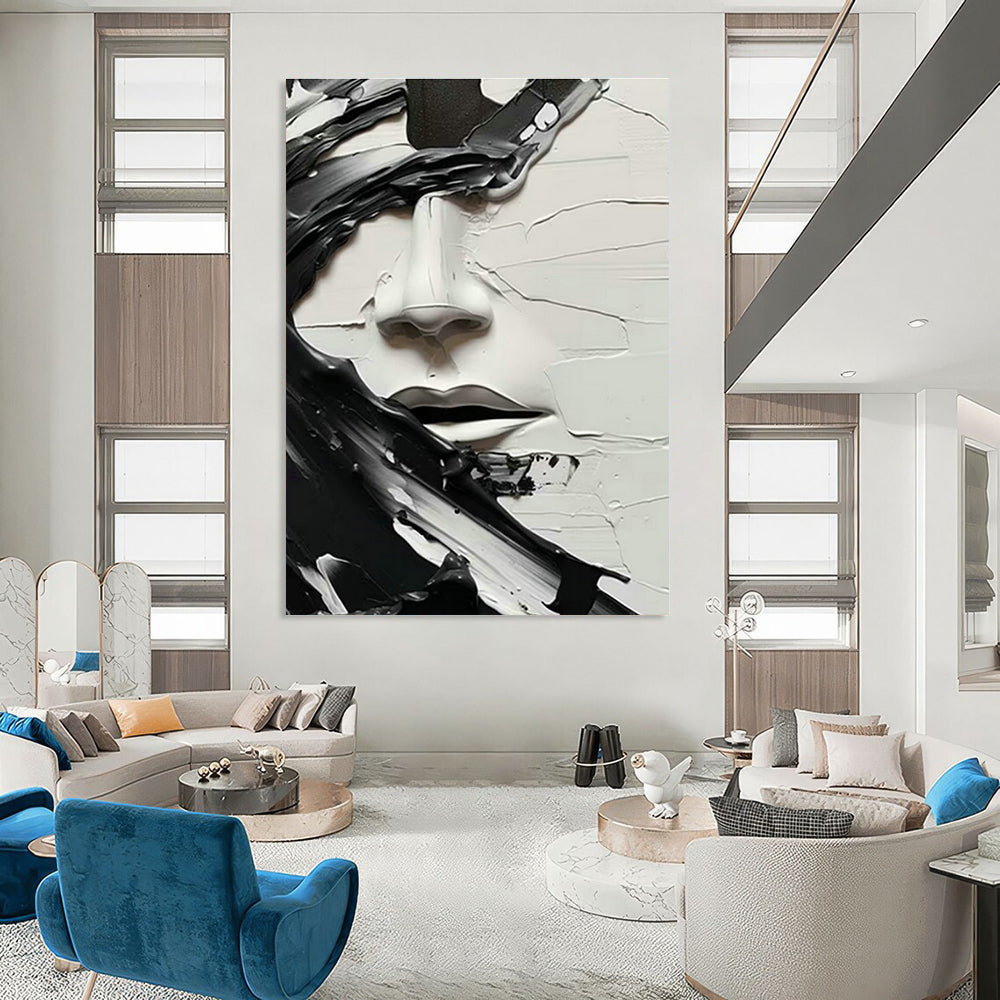 Textured Black and White Face Art for Contemporary Art Museum & Industrial - Chic Loft Apartment DLZ1548