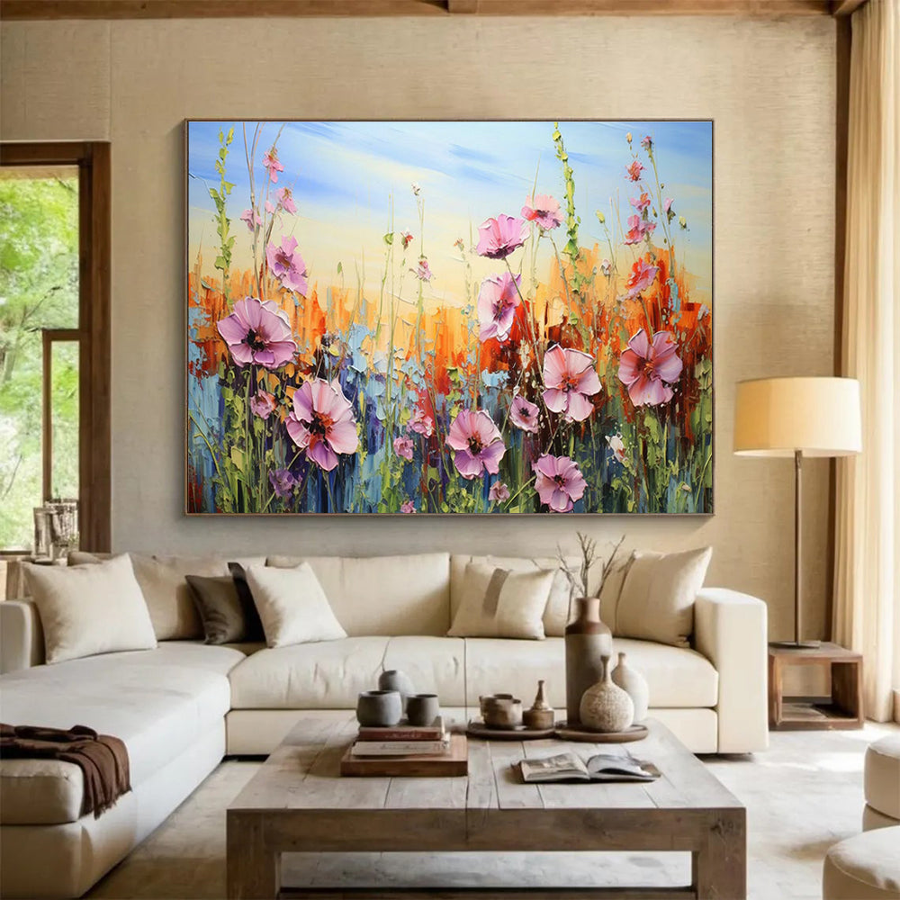 Colorful Flower Field Oil Painting for Countryside Café Dining Areas DLZ3287