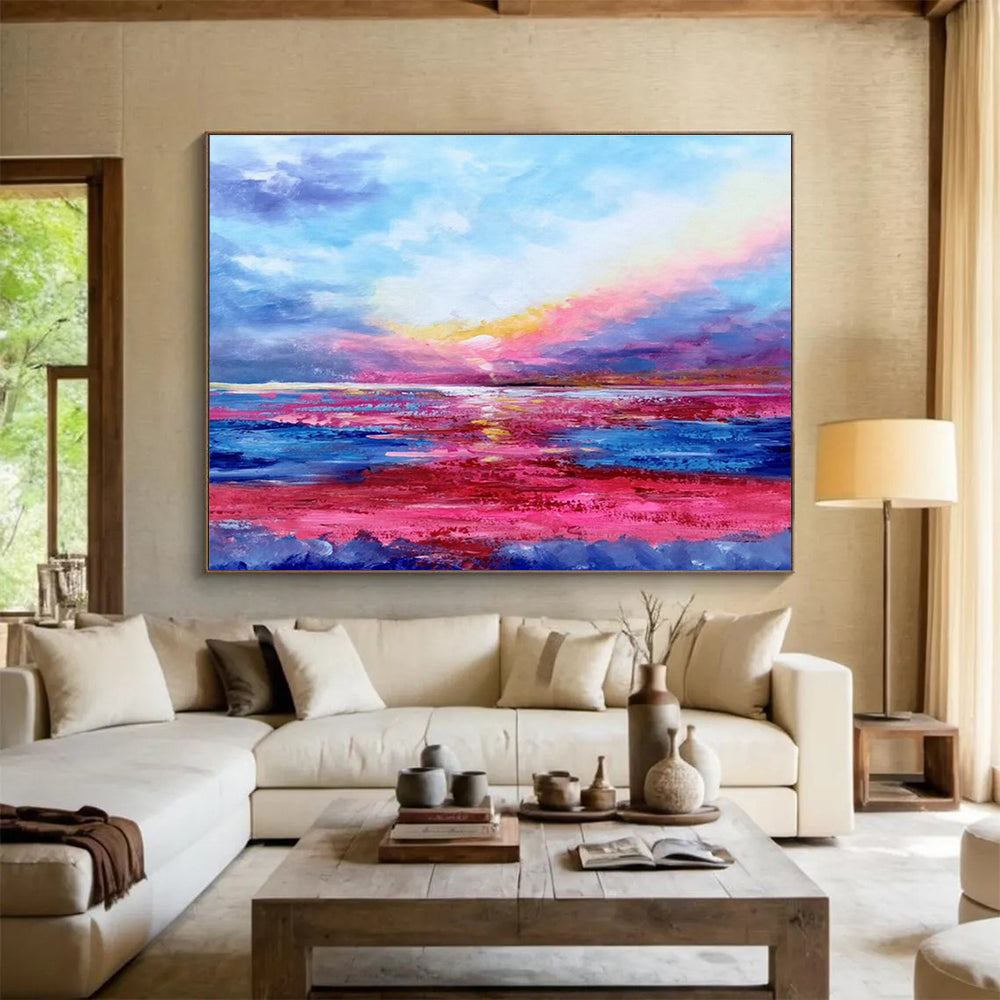Pink - Purple Seaside Oil Painting for Relaxing Beach House Bedrooms DLZ2671