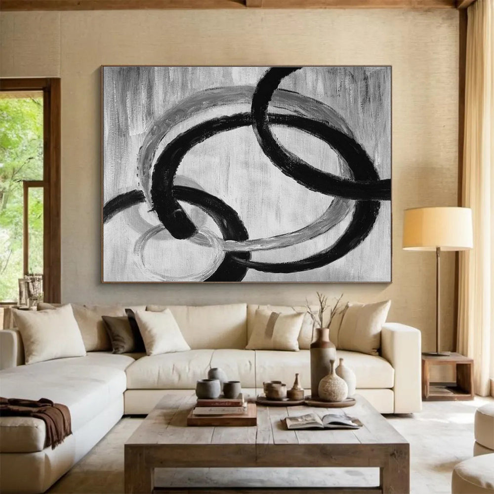 Black - White Circular Abstract Art for Minimalist Living Room Walls DLZ2559