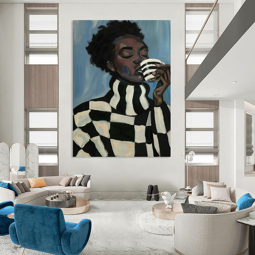 Black - White Checkered Figure Drinking Art for Café Corner & Modern Kitchen DLZ0701