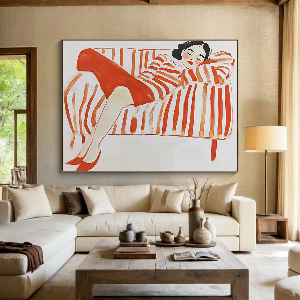 Lady on Striped Sofa Art for Fashion Boutique & Feminine - Themed Café SC496