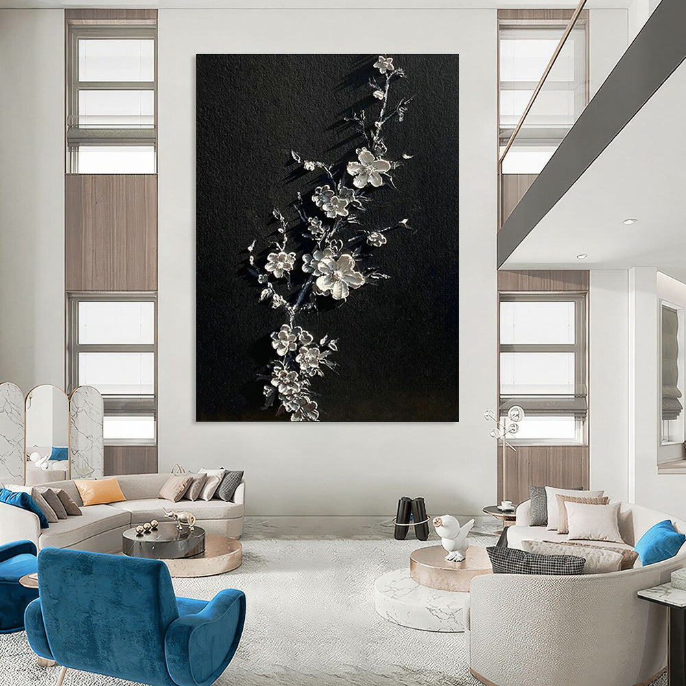 Silver Blossom on Black Art for Elegant Bedroom & Asian - Inspired Lounge DLZ2243