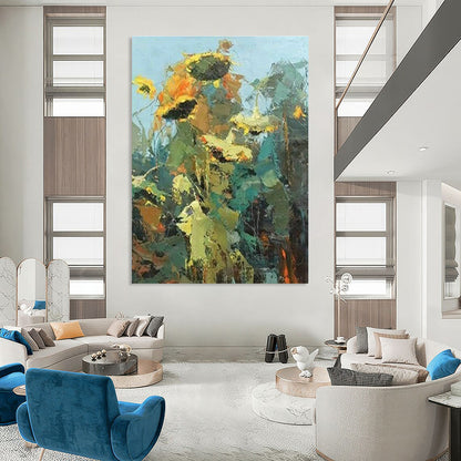 Impressionistic Sunflower Landscape Oil Painting for Countryside Café & Rustic Home Dining Room DLZ1611