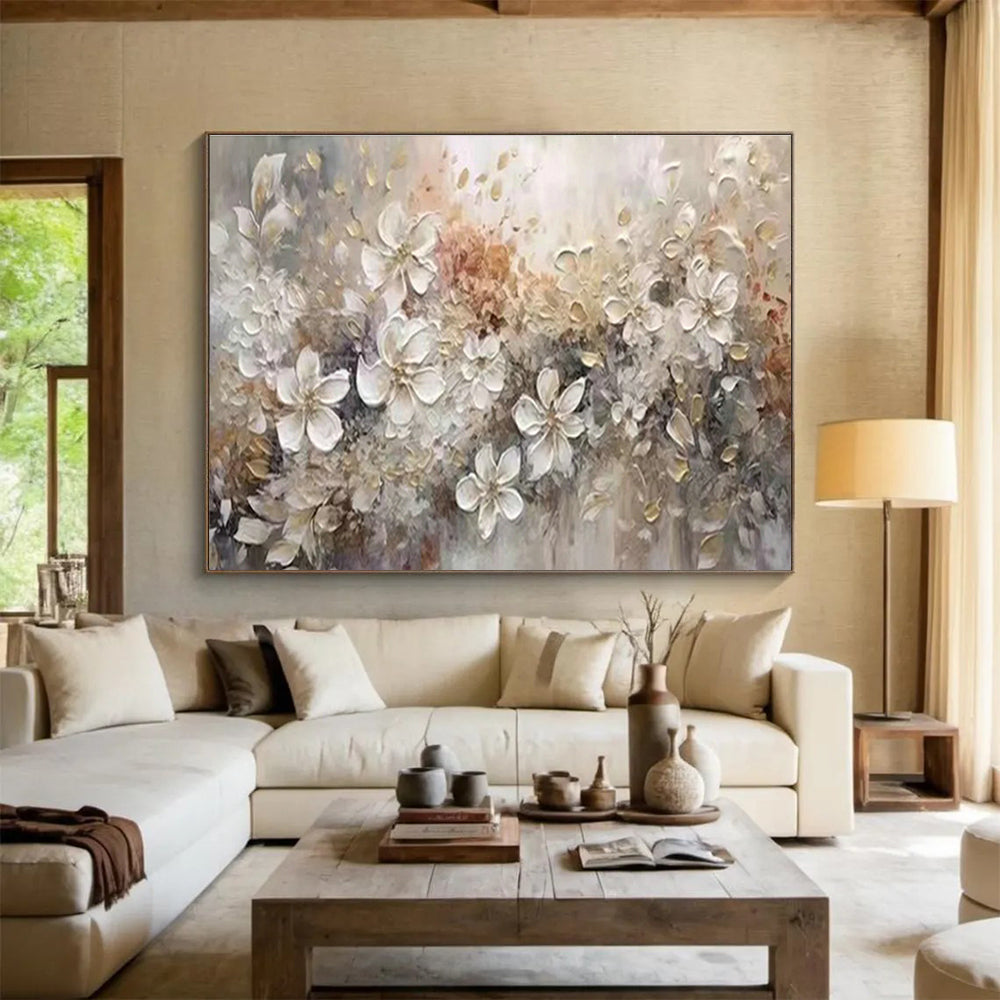 White - Gold Floral Oil Painting for Elegant Bedroom Wall Decor DLZ2643