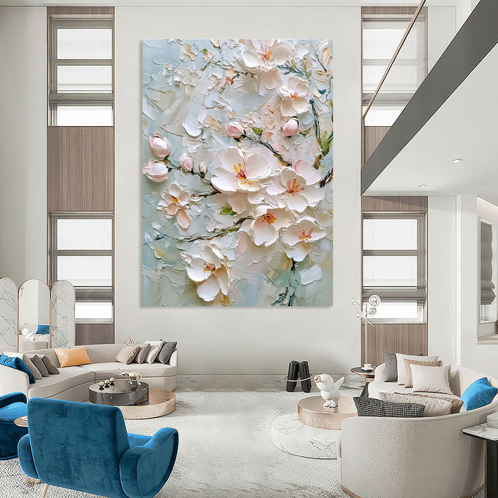 Textured White Flowers on Light Blue Art for Coastal Home Living Area & Spa - Like Bathroom STSC1364