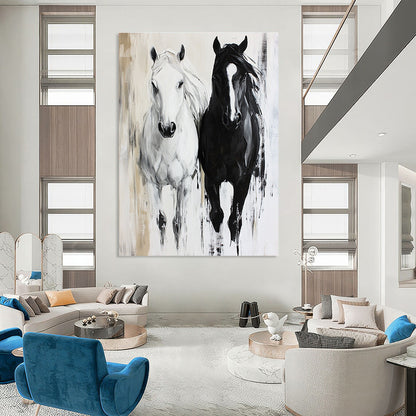 Black and White Horses  Dynamic Equine Art for Equestrian Club Lounge & Modern Home Hallway STSC1452