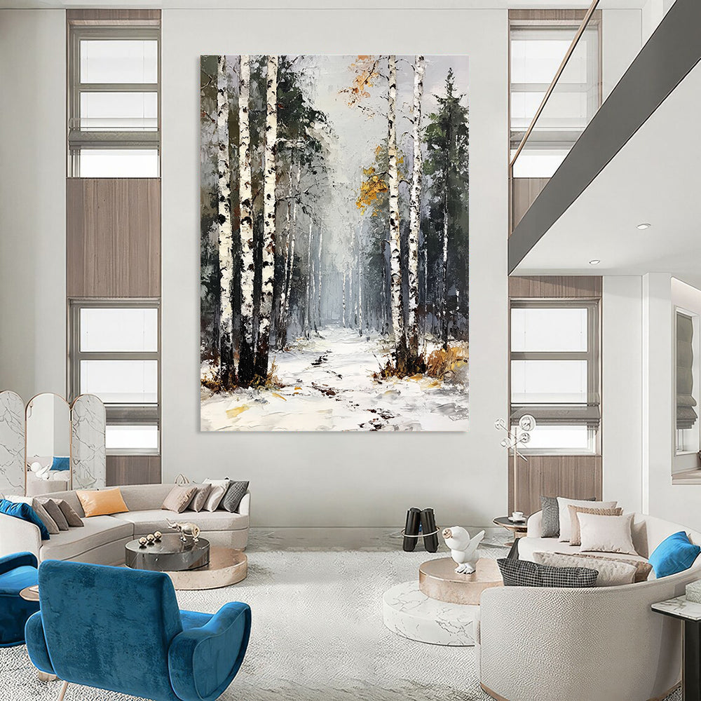 Snowy Birch Forest Path 3 Art for Mountain Chalet & Nature - Inspired Living Room STSC1386