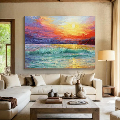 Vivid Sea Sunset Oil Painting for Coastal Villa Living Room Walls DLZ3243