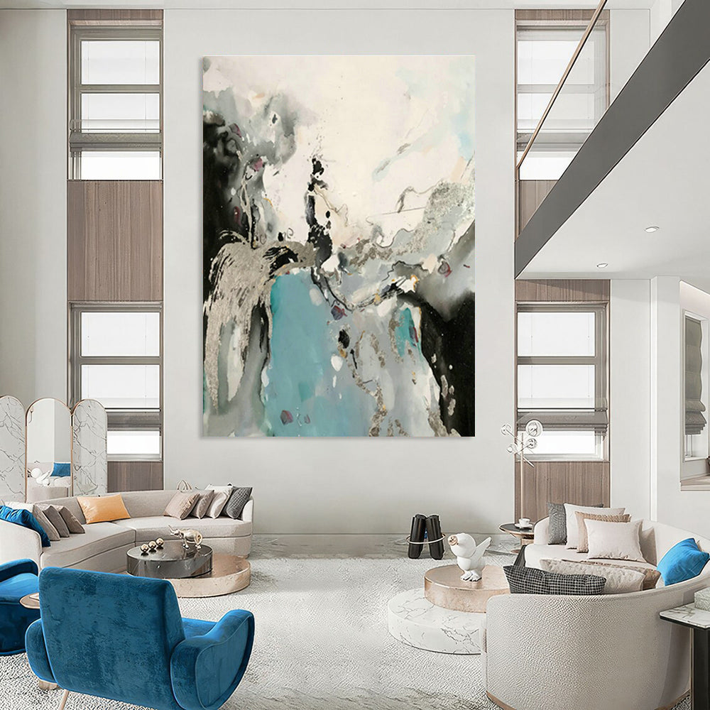 Silver - Blue Ink Abstract Art for Living Room & Home Office DLZ0555