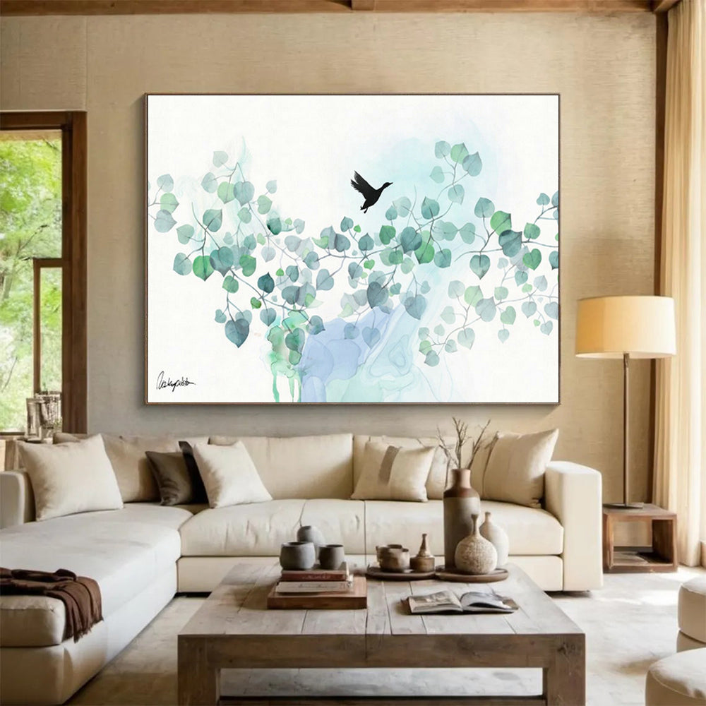 Bird & Leaves Watercolor Art for Tranquil Bedroom DLZ2923