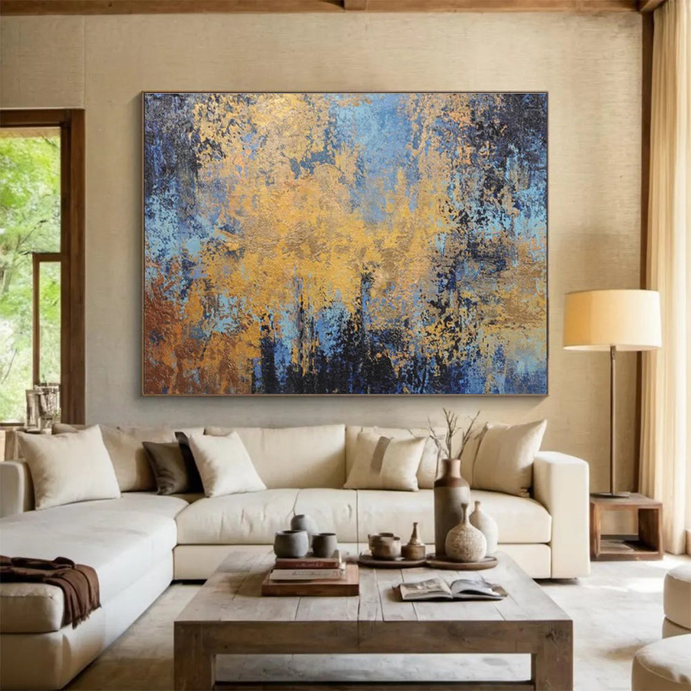 Gold - Blue Abstract Art: Elevate Your Living Room with Dreamy Color Blends DLZ2384
