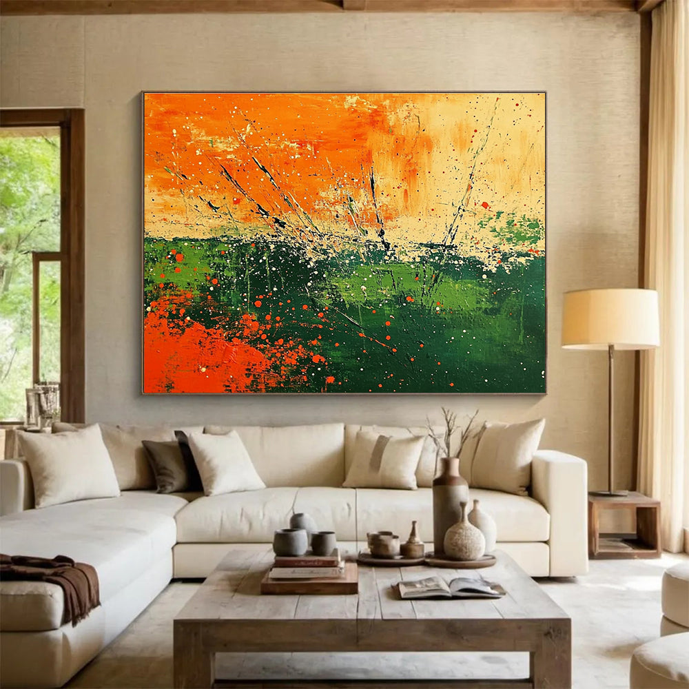 Orange Splash Field Art for Bohemian Garden Party Area & Vibrant Art Studio SC090