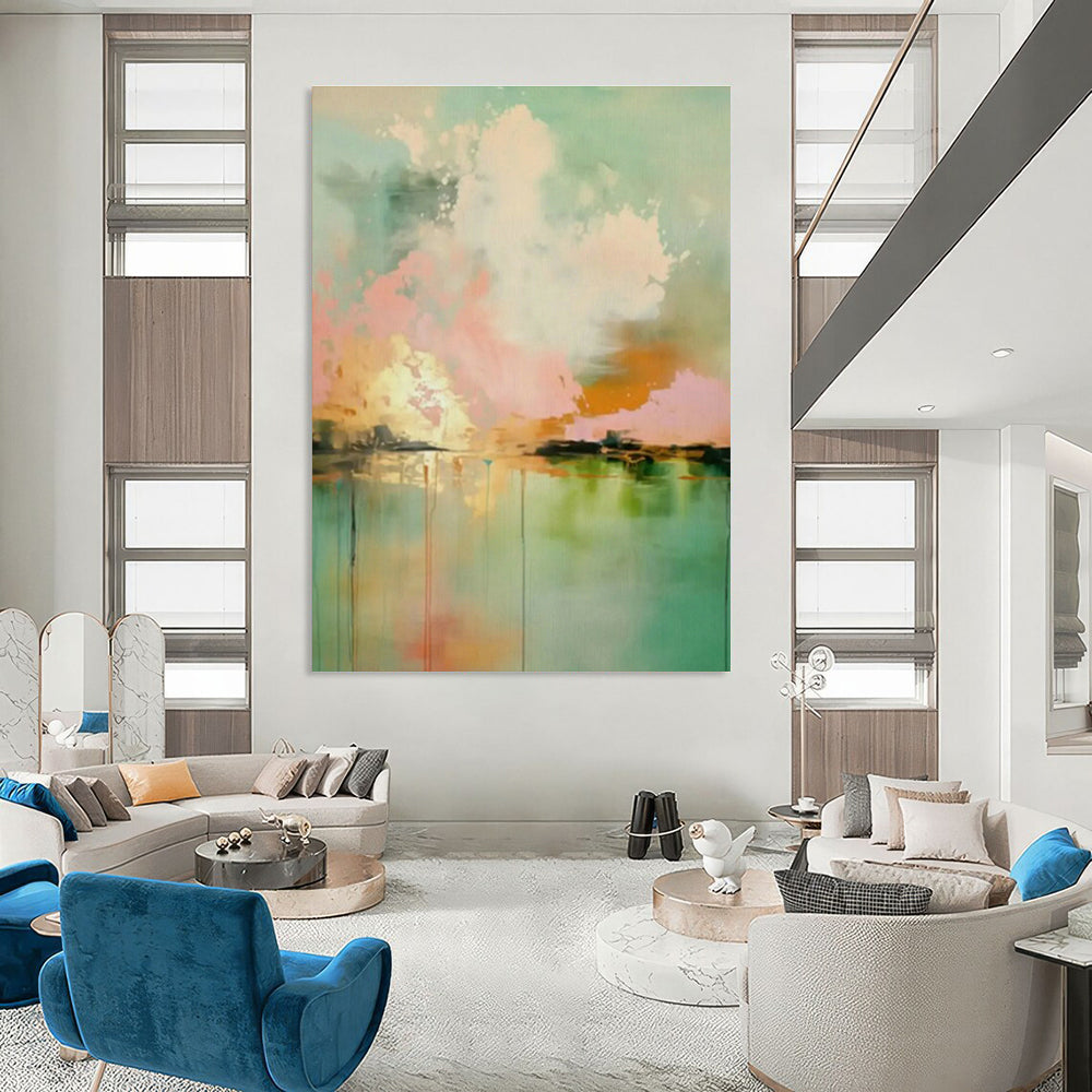 Pink - Green Abstract Landscape Art for Scandinavian Bedroom & Art Gallery Lounge DLZ1001