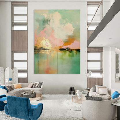 Pink - Green Abstract Landscape Art for Scandinavian Bedroom & Art Gallery Lounge DLZ1001