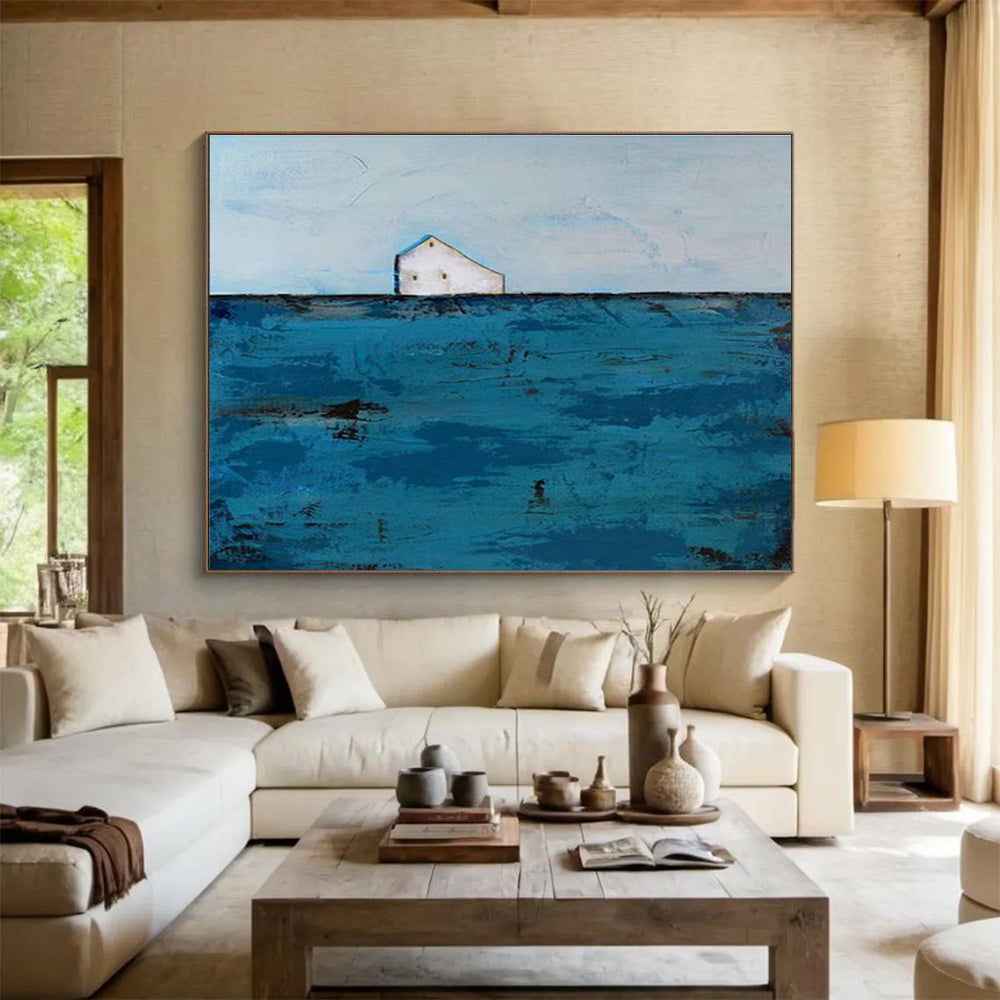 Lonely House in Sea Oil Painting for Coastal Home Entryway Corners DLZ2601